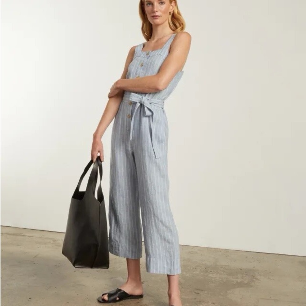 Everlane The Linen Jumpsuit in light green & Pinstripes Size 0